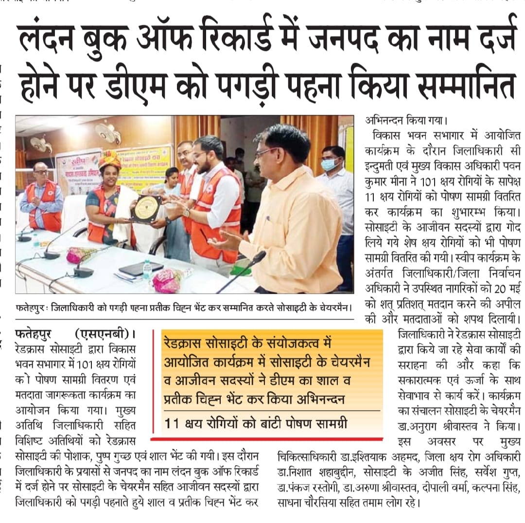 Distribution of nutritional material to 101 tuberculosis patients and voter awareness program was organized.