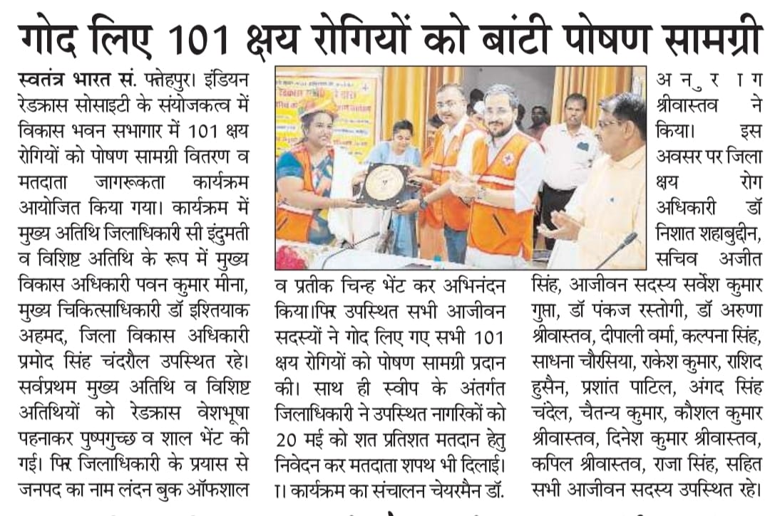 Distribution of nutritional material to 101 tuberculosis patients and voter awareness program was organized.